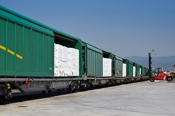 Transporte ferroviario de pasta de papel.